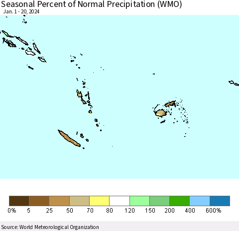 Fiji, Samoa, Solomon Isl. and Vanuatu Seasonal Percent of Normal Precipitation (WMO) Thematic Map For 1/1/2024 - 1/20/2024