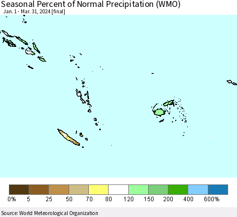 Fiji, Samoa, Solomon Isl. and Vanuatu Seasonal Percent of Normal Precipitation (WMO) Thematic Map For 1/1/2024 - 3/31/2024