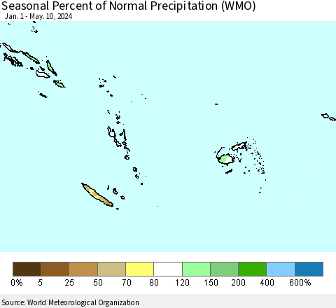 Fiji, Samoa, Solomon Isl. and Vanuatu Seasonal Percent of Normal Precipitation (WMO) Thematic Map For 1/1/2024 - 5/10/2024