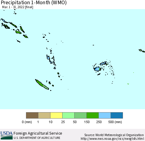 Fiji, Samoa, Solomon Isl. and Vanuatu Precipitation 1-Month (WMO) Thematic Map For 3/1/2022 - 3/31/2022
