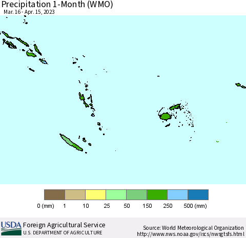 Fiji, Samoa, Solomon Isl. and Vanuatu Precipitation 1-Month (WMO) Thematic Map For 3/16/2023 - 4/15/2023