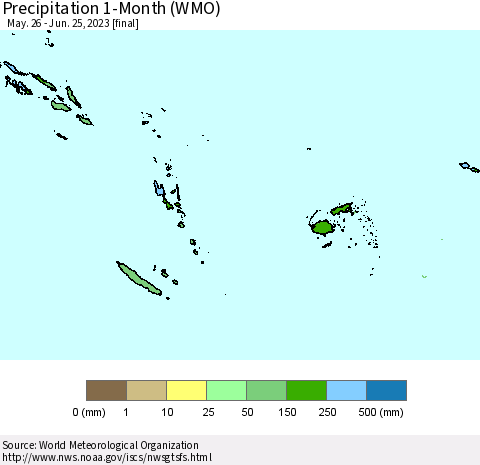 Fiji, Samoa, Solomon Isl. and Vanuatu Precipitation 1-Month (WMO) Thematic Map For 5/26/2023 - 6/25/2023