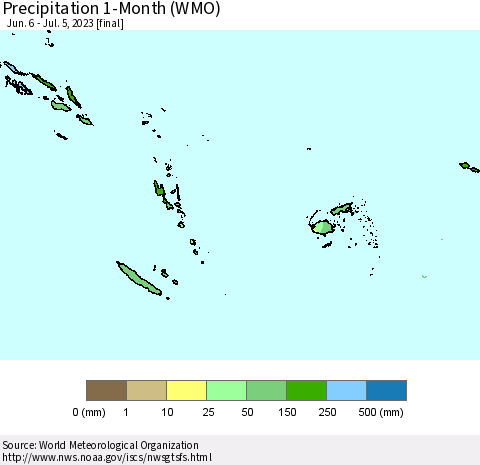 Fiji, Samoa, Solomon Isl. and Vanuatu Precipitation 1-Month (WMO) Thematic Map For 6/6/2023 - 7/5/2023