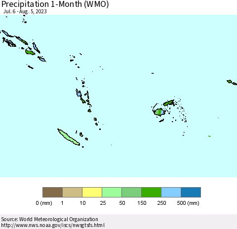 Fiji, Samoa, Solomon Isl. and Vanuatu Precipitation 1-Month (WMO) Thematic Map For 7/6/2023 - 8/5/2023