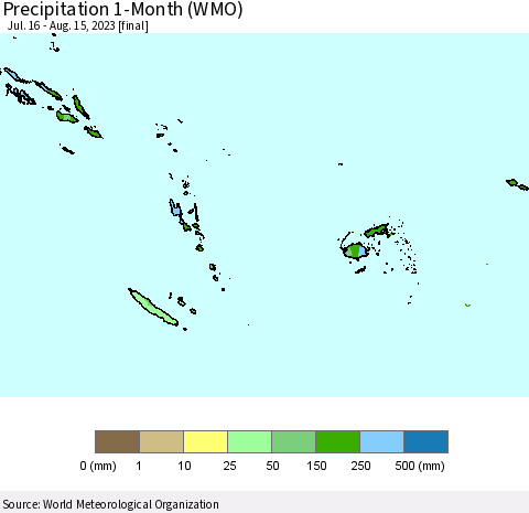 Fiji, Samoa, Solomon Isl. and Vanuatu Precipitation 1-Month (WMO) Thematic Map For 7/16/2023 - 8/15/2023