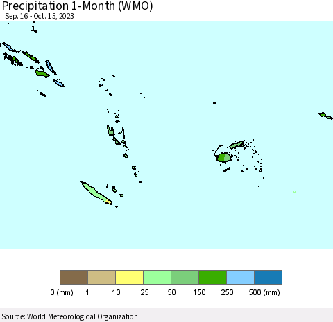 Fiji, Samoa, Solomon Isl. and Vanuatu Precipitation 1-Month (WMO) Thematic Map For 9/16/2023 - 10/15/2023