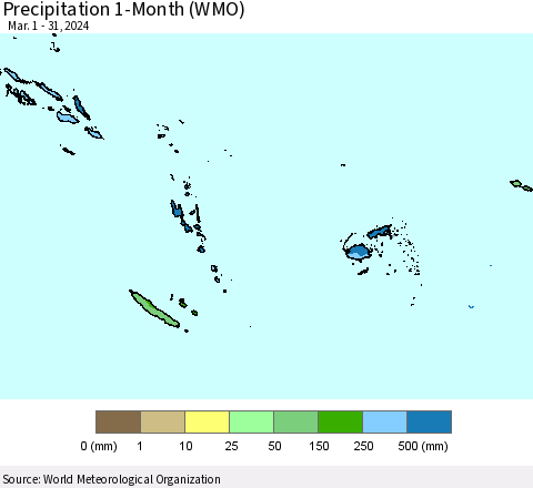 Fiji, Samoa, Solomon Isl. and Vanuatu Precipitation 1-Month (WMO) Thematic Map For 3/1/2024 - 3/31/2024