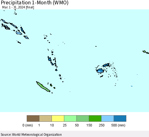 Fiji, Samoa, Solomon Isl. and Vanuatu Precipitation 1-Month (WMO) Thematic Map For 3/1/2024 - 3/31/2024