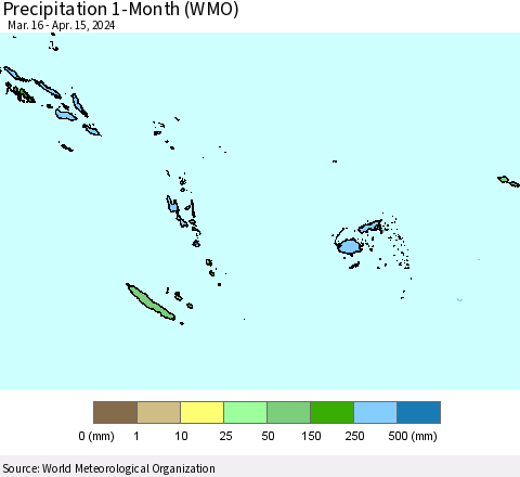 Fiji, Samoa, Solomon Isl. and Vanuatu Precipitation 1-Month (WMO) Thematic Map For 3/16/2024 - 4/15/2024