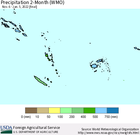 Fiji, Samoa, Solomon Isl. and Vanuatu Precipitation 2-Month (WMO) Thematic Map For 11/6/2021 - 1/5/2022