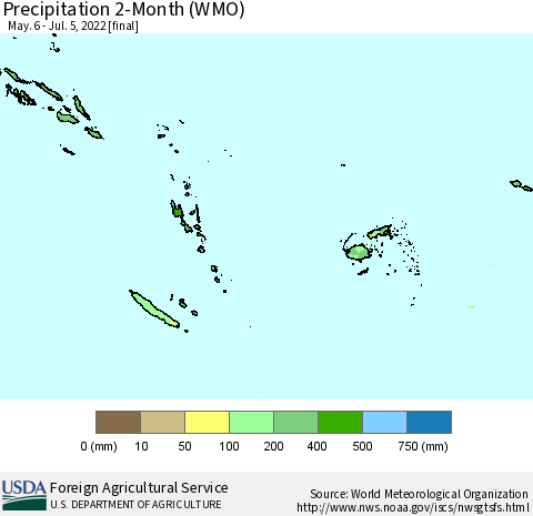 Fiji, Samoa, Solomon Isl. and Vanuatu Precipitation 2-Month (WMO) Thematic Map For 5/6/2022 - 7/5/2022