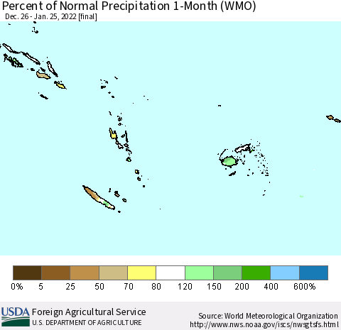 Fiji, Samoa, Solomon Isl. and Vanuatu Percent of Normal Precipitation 1-Month (WMO) Thematic Map For 12/26/2021 - 1/25/2022