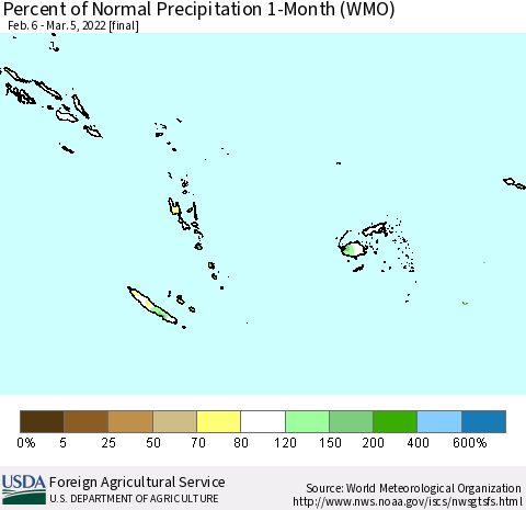 Fiji, Samoa, Solomon Isl. and Vanuatu Percent of Normal Precipitation 1-Month (WMO) Thematic Map For 2/6/2022 - 3/5/2022