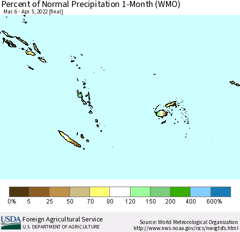 Fiji, Samoa, Solomon Isl. and Vanuatu Percent of Normal Precipitation 1-Month (WMO) Thematic Map For 3/6/2022 - 4/5/2022