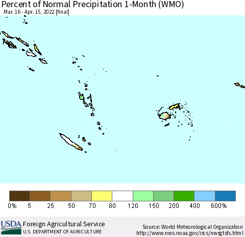 Fiji, Samoa, Solomon Isl. and Vanuatu Percent of Normal Precipitation 1-Month (WMO) Thematic Map For 3/16/2022 - 4/15/2022