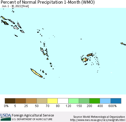 Fiji, Samoa, Solomon Isl. and Vanuatu Percent of Normal Precipitation 1-Month (WMO) Thematic Map For 6/1/2022 - 6/30/2022