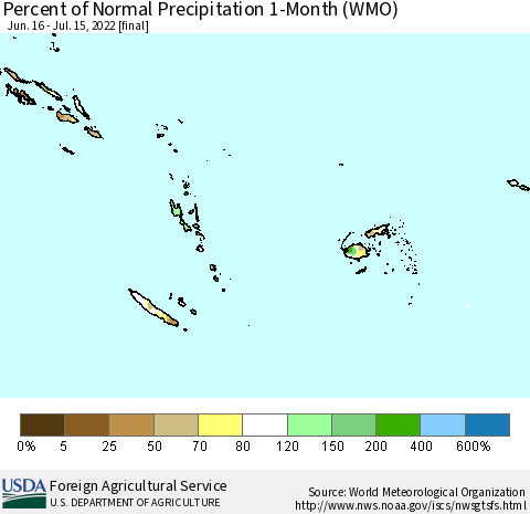 Fiji, Samoa, Solomon Isl. and Vanuatu Percent of Normal Precipitation 1-Month (WMO) Thematic Map For 6/16/2022 - 7/15/2022