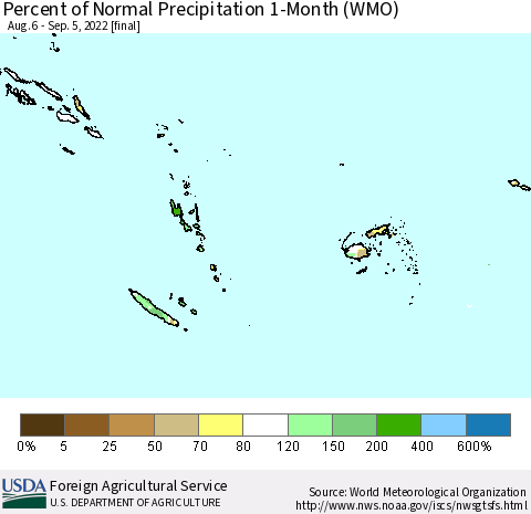 Fiji, Samoa, Solomon Isl. and Vanuatu Percent of Normal Precipitation 1-Month (WMO) Thematic Map For 8/6/2022 - 9/5/2022