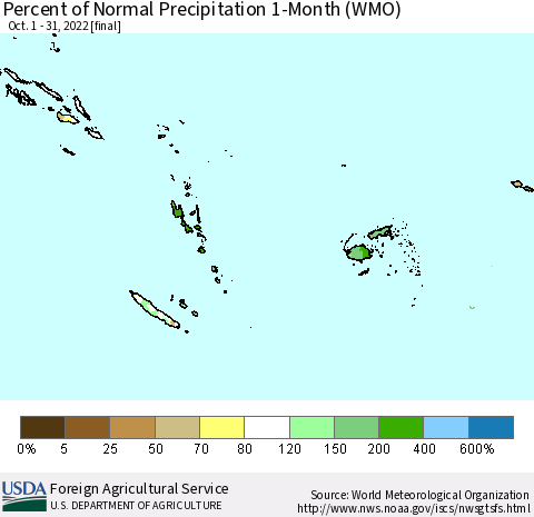 Fiji, Samoa, Solomon Isl. and Vanuatu Percent of Normal Precipitation 1-Month (WMO) Thematic Map For 10/1/2022 - 10/31/2022