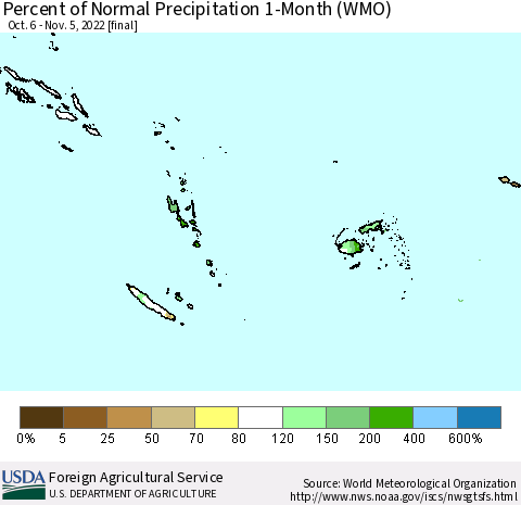 Fiji, Samoa, Solomon Isl. and Vanuatu Percent of Normal Precipitation 1-Month (WMO) Thematic Map For 10/6/2022 - 11/5/2022
