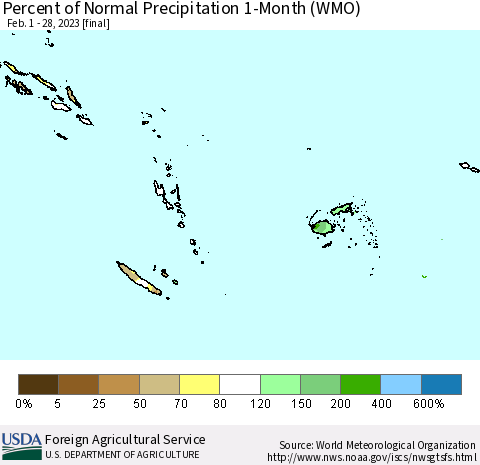 Fiji, Samoa, Solomon Isl. and Vanuatu Percent of Normal Precipitation 1-Month (WMO) Thematic Map For 2/1/2023 - 2/28/2023