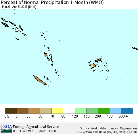 Fiji, Samoa, Solomon Isl. and Vanuatu Percent of Normal Precipitation 1-Month (WMO) Thematic Map For 3/6/2023 - 4/5/2023