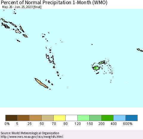Fiji, Samoa, Solomon Isl. and Vanuatu Percent of Normal Precipitation 1-Month (WMO) Thematic Map For 5/26/2023 - 6/25/2023