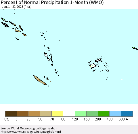 Fiji, Samoa, Solomon Isl. and Vanuatu Percent of Normal Precipitation 1-Month (WMO) Thematic Map For 6/1/2023 - 6/30/2023