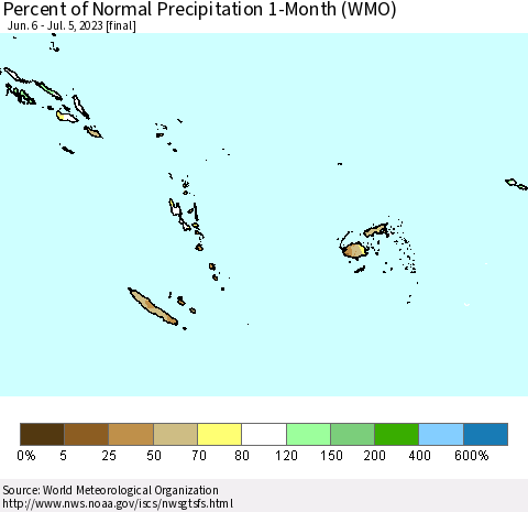 Fiji, Samoa, Solomon Isl. and Vanuatu Percent of Normal Precipitation 1-Month (WMO) Thematic Map For 6/6/2023 - 7/5/2023