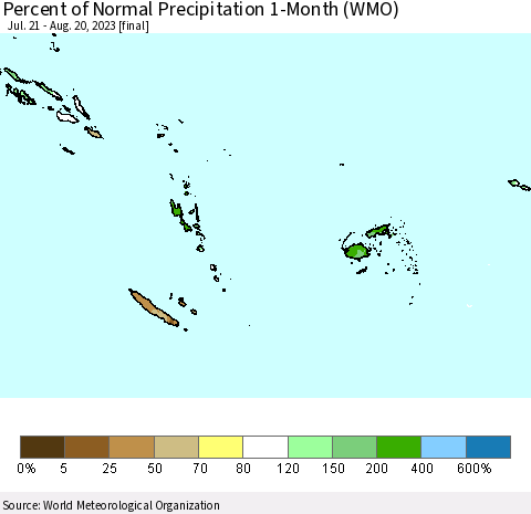 Fiji, Samoa, Solomon Isl. and Vanuatu Percent of Normal Precipitation 1-Month (WMO) Thematic Map For 7/21/2023 - 8/20/2023
