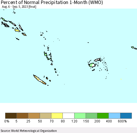Fiji, Samoa, Solomon Isl. and Vanuatu Percent of Normal Precipitation 1-Month (WMO) Thematic Map For 8/6/2023 - 9/5/2023