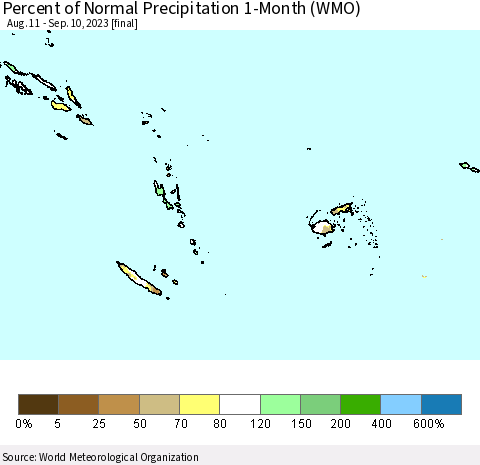 Fiji, Samoa, Solomon Isl. and Vanuatu Percent of Normal Precipitation 1-Month (WMO) Thematic Map For 8/11/2023 - 9/10/2023