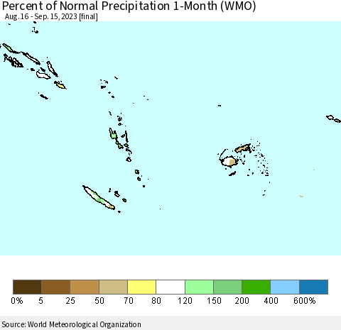 Fiji, Samoa, Solomon Isl. and Vanuatu Percent of Normal Precipitation 1-Month (WMO) Thematic Map For 8/16/2023 - 9/15/2023