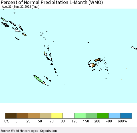 Fiji, Samoa, Solomon Isl. and Vanuatu Percent of Normal Precipitation 1-Month (WMO) Thematic Map For 8/21/2023 - 9/20/2023