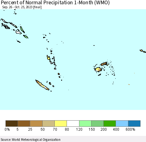 Fiji, Samoa, Solomon Isl. and Vanuatu Percent of Normal Precipitation 1-Month (WMO) Thematic Map For 9/26/2023 - 10/25/2023
