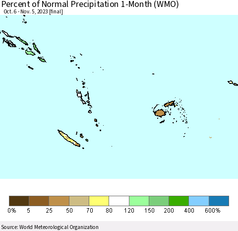 Fiji, Samoa, Solomon Isl. and Vanuatu Percent of Normal Precipitation 1-Month (WMO) Thematic Map For 10/6/2023 - 11/5/2023