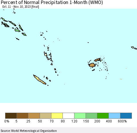 Fiji, Samoa, Solomon Isl. and Vanuatu Percent of Normal Precipitation 1-Month (WMO) Thematic Map For 10/11/2023 - 11/10/2023