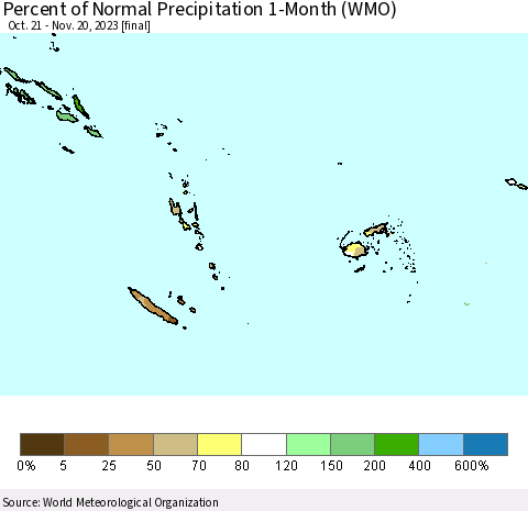 Fiji, Samoa, Solomon Isl. and Vanuatu Percent of Normal Precipitation 1-Month (WMO) Thematic Map For 10/21/2023 - 11/20/2023