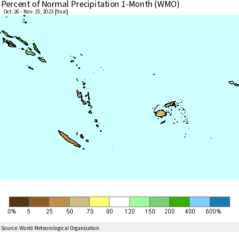 Fiji, Samoa, Solomon Isl. and Vanuatu Percent of Normal Precipitation 1-Month (WMO) Thematic Map For 10/26/2023 - 11/25/2023