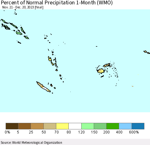 Fiji, Samoa, Solomon Isl. and Vanuatu Percent of Normal Precipitation 1-Month (WMO) Thematic Map For 11/21/2023 - 12/20/2023