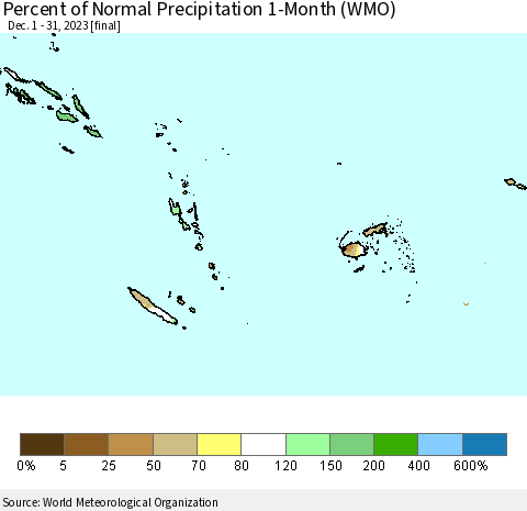 Fiji, Samoa, Solomon Isl. and Vanuatu Percent of Normal Precipitation 1-Month (WMO) Thematic Map For 12/1/2023 - 12/31/2023
