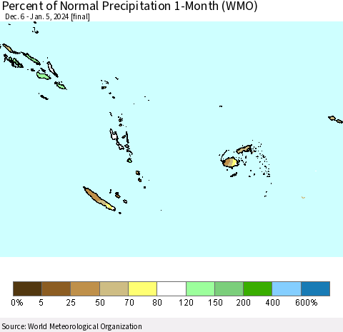 Fiji, Samoa, Solomon Isl. and Vanuatu Percent of Normal Precipitation 1-Month (WMO) Thematic Map For 12/6/2023 - 1/5/2024