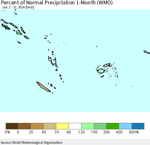 Fiji, Samoa, Solomon Isl. and Vanuatu Percent of Normal Precipitation 1-Month (WMO) Thematic Map For 1/1/2024 - 1/31/2024