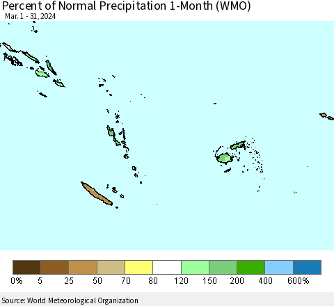 Fiji, Samoa, Solomon Isl. and Vanuatu Percent of Normal Precipitation 1-Month (WMO) Thematic Map For 3/1/2024 - 3/31/2024