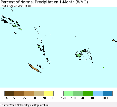 Fiji, Samoa, Solomon Isl. and Vanuatu Percent of Normal Precipitation 1-Month (WMO) Thematic Map For 3/6/2024 - 4/5/2024