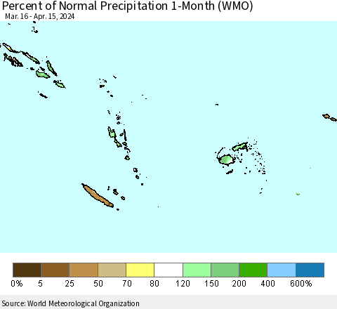 Fiji, Samoa, Solomon Isl. and Vanuatu Percent of Normal Precipitation 1-Month (WMO) Thematic Map For 3/16/2024 - 4/15/2024