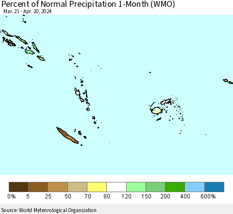 Fiji, Samoa, Solomon Isl. and Vanuatu Percent of Normal Precipitation 1-Month (WMO) Thematic Map For 3/21/2024 - 4/20/2024
