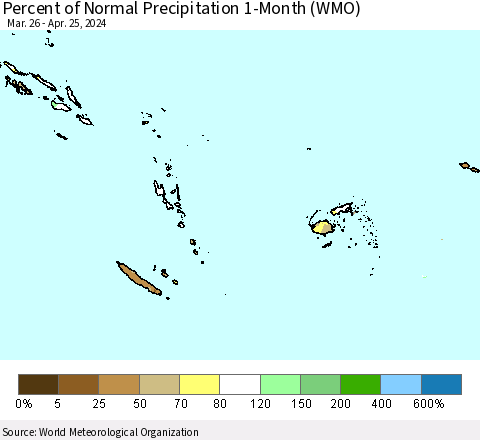 Fiji, Samoa, Solomon Isl. and Vanuatu Percent of Normal Precipitation 1-Month (WMO) Thematic Map For 3/26/2024 - 4/25/2024