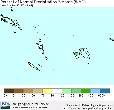 Fiji, Samoa, Solomon Isl. and Vanuatu Percent of Normal Precipitation 2-Month (WMO) Thematic Map For 11/11/2021 - 1/10/2022