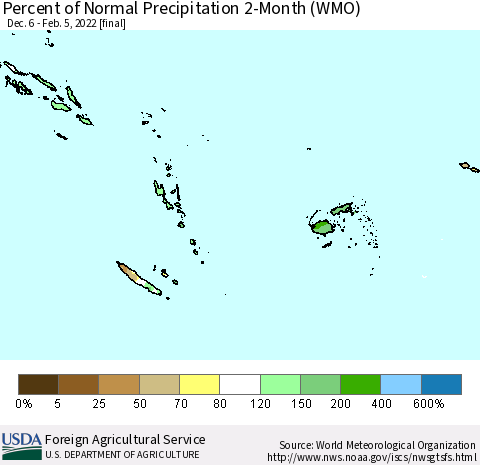 Fiji, Samoa, Solomon Isl. and Vanuatu Percent of Normal Precipitation 2-Month (WMO) Thematic Map For 12/6/2021 - 2/5/2022